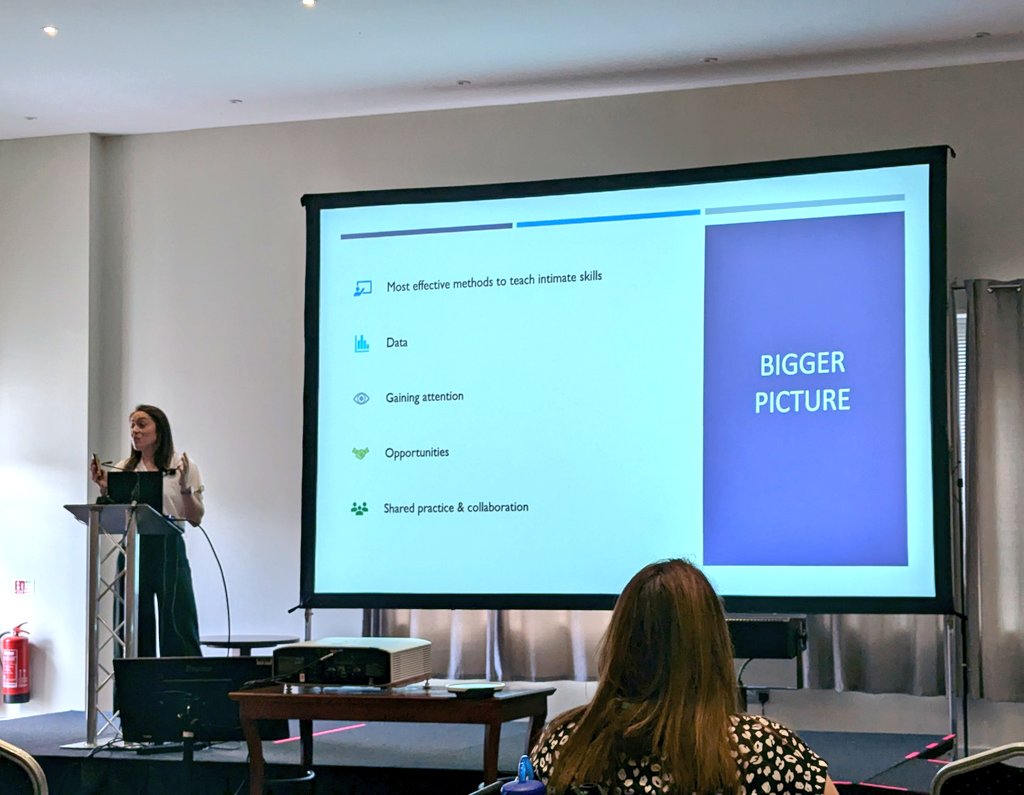 Kim Small, education coordinator, presenting on stage in front of a Powerpoint. The slide behind her is titled "Bigger Picture", followed by five bullet points: "Most effective methods to teach intimate skills", "Data", "Gaining attention", "Opportunities", "Shared practice & collaboration"