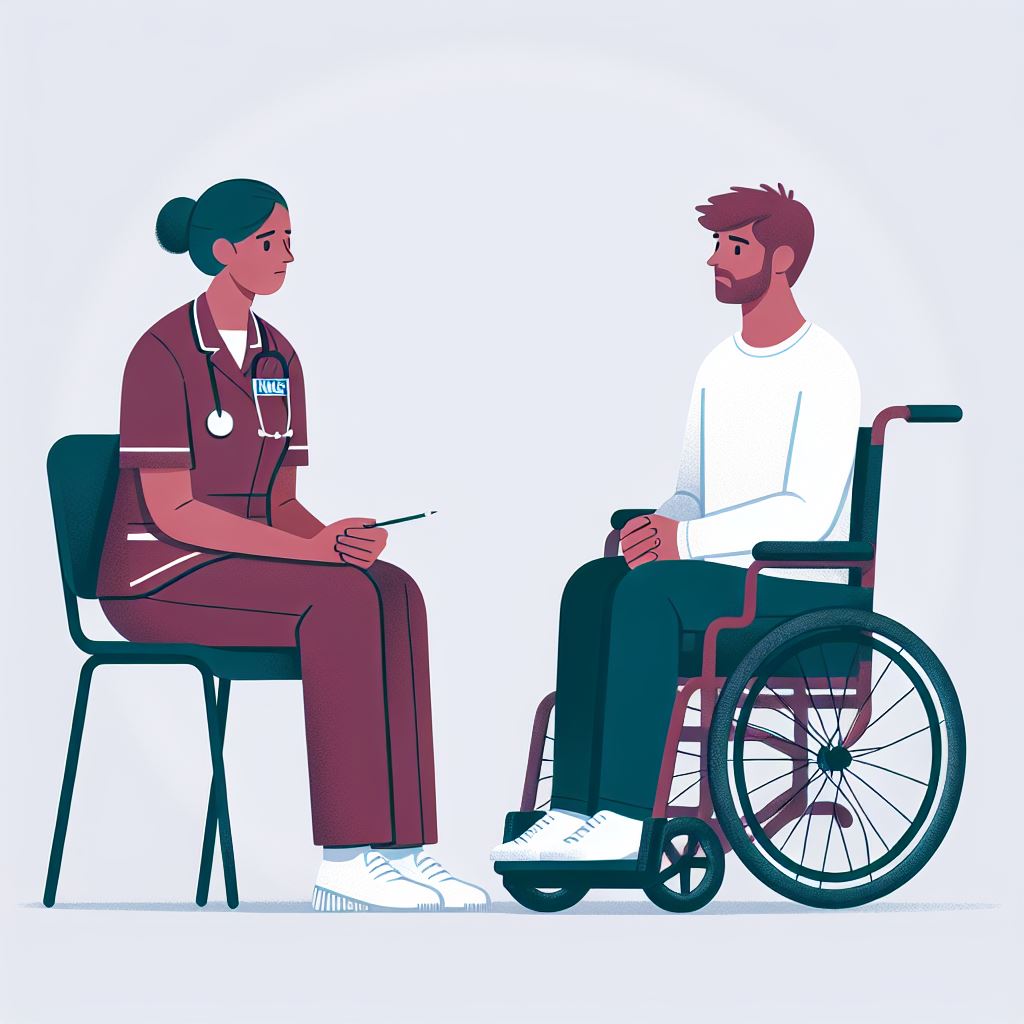 An illustration of a female physiotherapist wearing maroon uniform, sitting in an office chair, talking to a male patient wearing a white t-shirt and blue trousers, sitting in a wheelchair